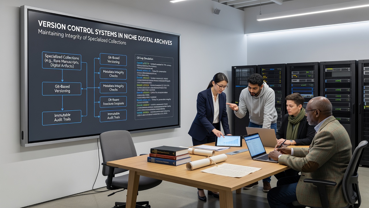 Archivists reviewing versioned digital files in a specialized collection repository